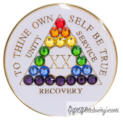 Sobriety Chip AA Rainbow Bling Crystallized White Triplate 20 Years