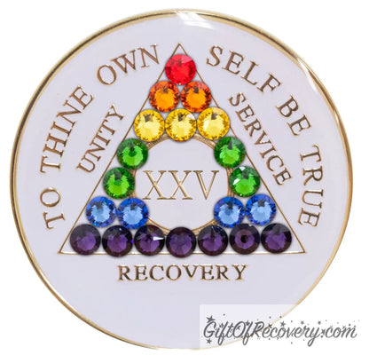 Sobriety Chip AA Rainbow Bling Crystallized White Triplate 25 Years