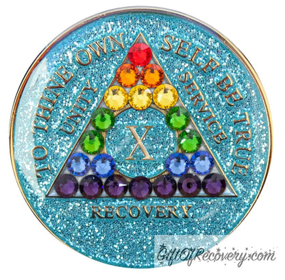 Sobriety Chip AA Rainbow Crystallized Bling Triplate Glitter Aqua 10