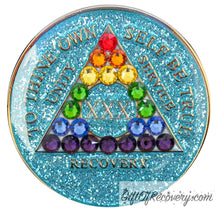 Load image into Gallery viewer, Sobriety Chip AA Rainbow Crystallized Bling Triplate Glitter Aqua 30
