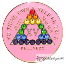 Load image into Gallery viewer, Sobriety Chip AA Rainbow Crystallized Triplate Pink 15
