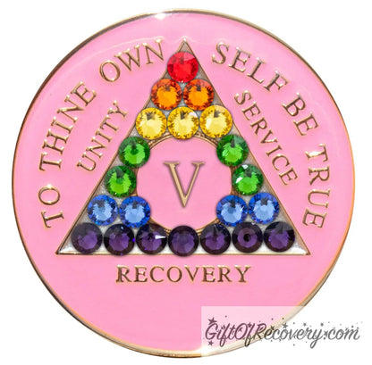 Sobriety Chip AA Rainbow Crystallized Triplate Pink 5