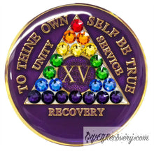 Load image into Gallery viewer, Sobriety Chip AA Rainbow Crystallized Triplate Purple 15
