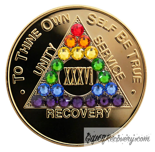 Sobriety Chip AA Rainbow Girly Girl Gold