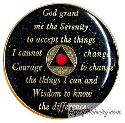 Back of AA recovery medallion is black onyx glitter and has the serenity prayer, outer rim, and the circle triangle in the center embossed with 14k gold-plated brass, the circle in the middle is gold glitter and the triangle is black onyx with a single red genuine crystal, AA medallion is sealed in resin for a glossy finish.