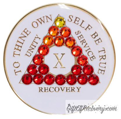 Sobriety Chip AA Red Transition Bling Crystallized White Triplate 10 Years