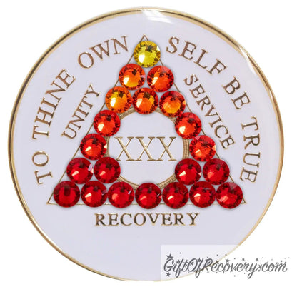 Sobriety Chip AA Red Transition Bling Crystallized White Triplate 30 Years