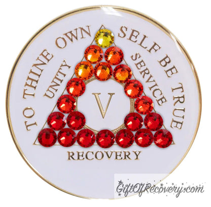 Sobriety Chip AA Red Transition Bling Crystallized White Triplate 5 Years