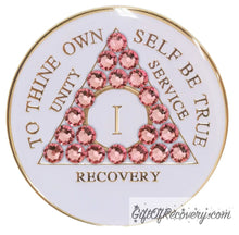 Load image into Gallery viewer, Sobriety Chip AA Rose Bling Crystallized White Triplate 1 Year

