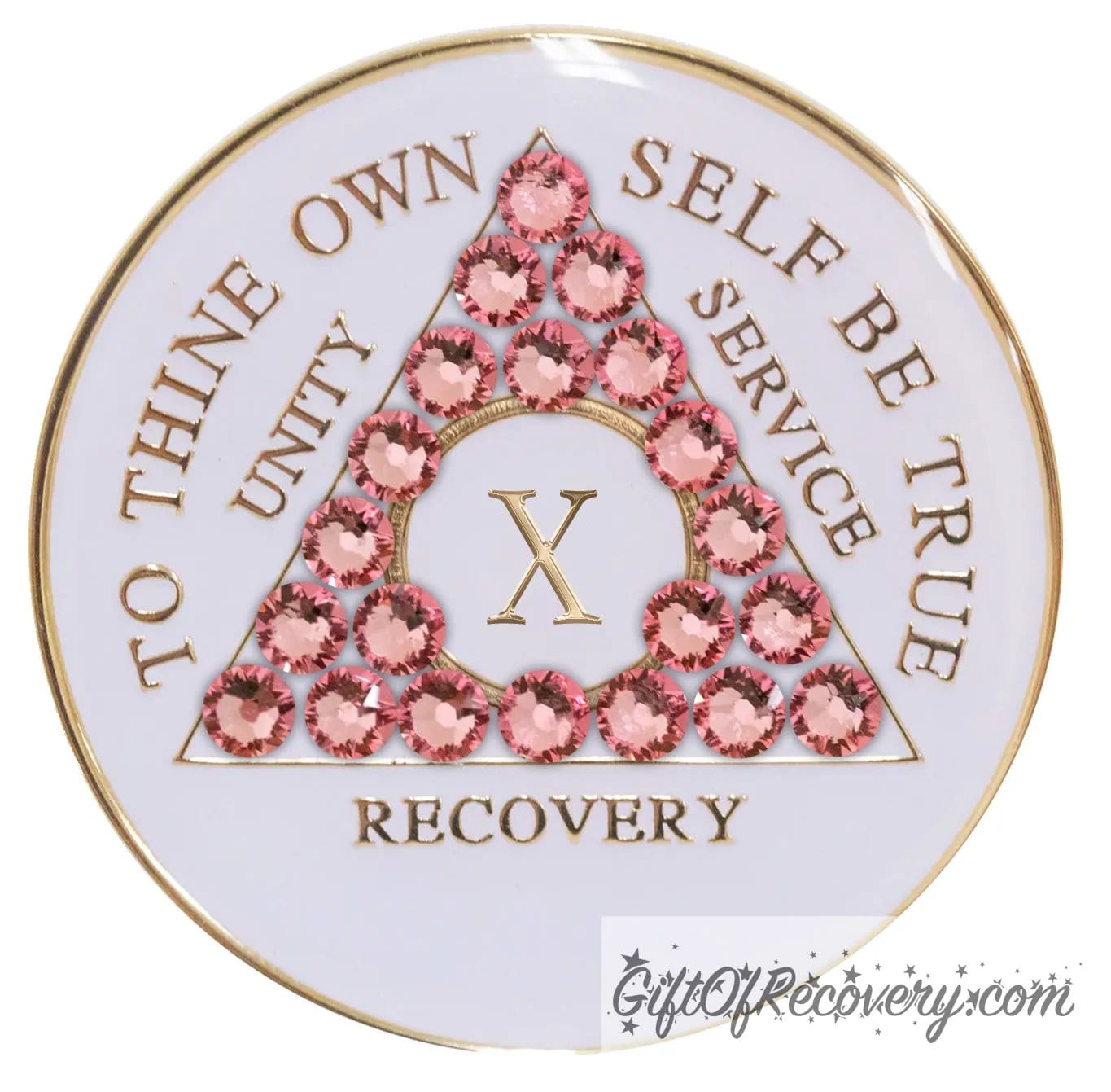 Sobriety Chip AA Rose Bling Crystallized White Triplate 10 Years