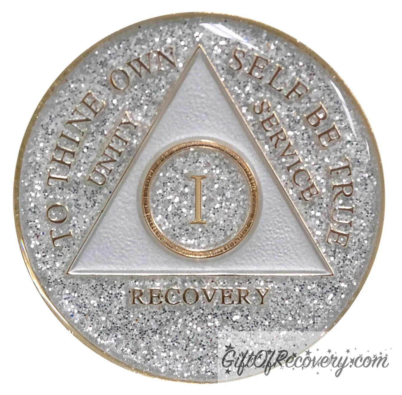 Sobriety Chip AA Silver Glitter Triplate 1 Year