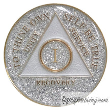 Load image into Gallery viewer, Sobriety Chip AA Silver Glitter Triplate 1 Year
