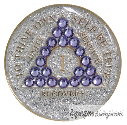 Sobriety Chip AA Tanzanite Bling Crystallized Glitter Silver Triplate 1 Year