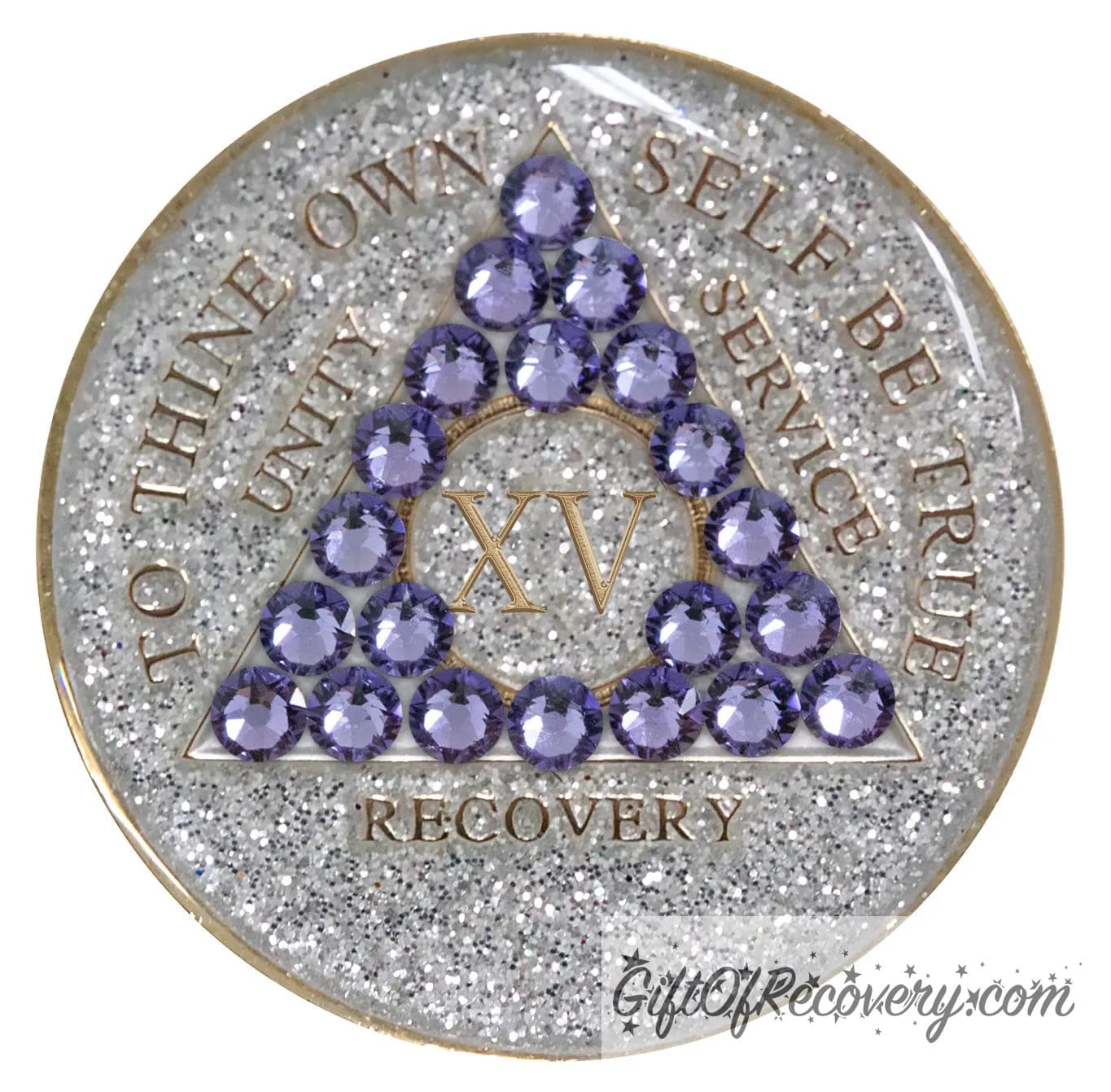 Sobriety Chip AA Tanzanite Bling Crystallized Glitter Silver Triplate 15 Years