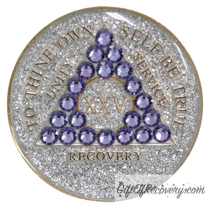 Sobriety Chip AA Tanzanite Bling Crystallized Glitter Silver Triplate 25 Years