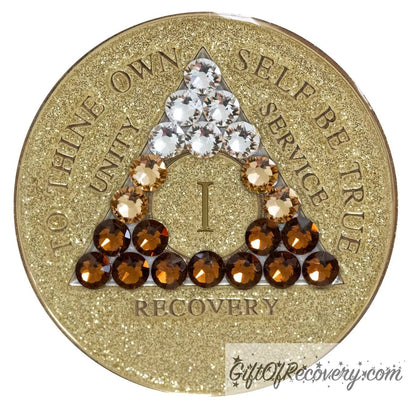 Sobriety Chip AA Transition Bling Crystallized Glitter Gold Triplate 1 Year