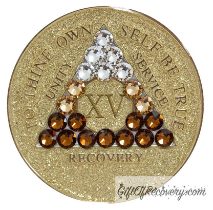 Sobriety Chip AA Transition Bling Crystallized Glitter Gold Triplate 15 Years