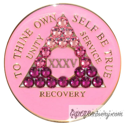 Sobriety Chip AA Transition Pink Crystallized 35 Years