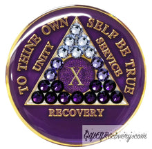 Load image into Gallery viewer, Sobriety Chip AA Transition Purple Bling Crystallized 10
