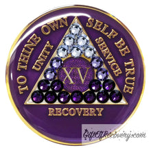 Load image into Gallery viewer, Sobriety Chip AA Transition Purple Bling Crystallized 15
