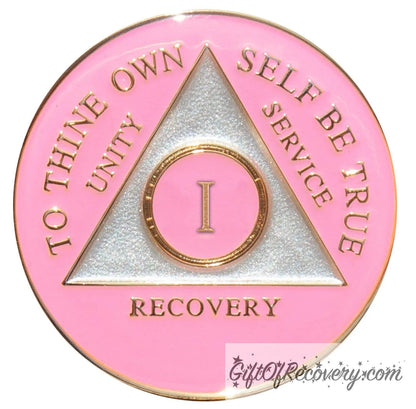 Sobriety Chip AA Triplate Pink 1 Year