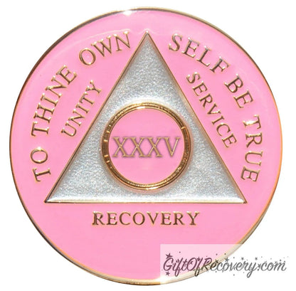 Sobriety Chip AA Triplate Pink 35 Years