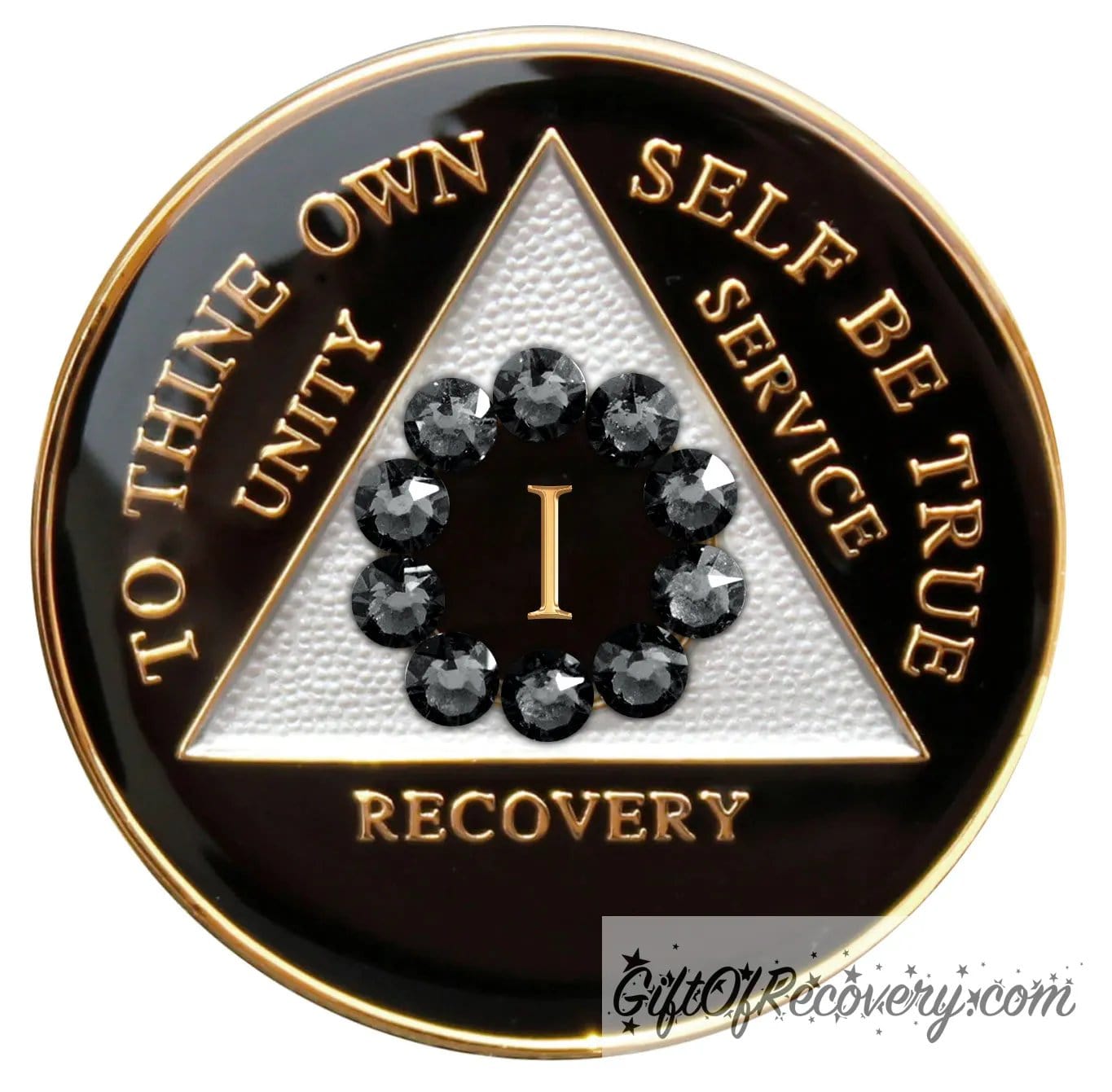 1 Year AA medallion black onyx with white triangle and 10 genuine black crystals around the number to symbolize our unity in the program, AA moto and 3 legacies are embossed with 14k gold-plated brass and it is sealed with resin for a glossy finish.