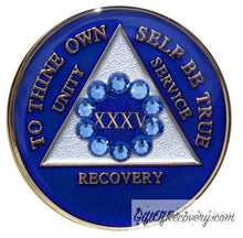 Load image into Gallery viewer, Sobriety Chip AA Unity Bling Crystallized Blue Triplate 35
