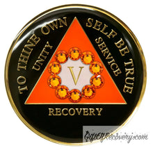 Load image into Gallery viewer, Sobriety Chip AA Unity Crystallized Orange Bling Triplate 5
