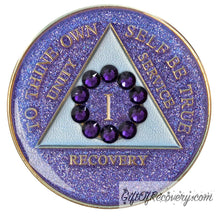 Load image into Gallery viewer, Sobriety Chip AA Unity Glitter Purple Crystallized 1
