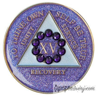 Sobriety Chip AA Unity Glitter Purple Crystallized 15