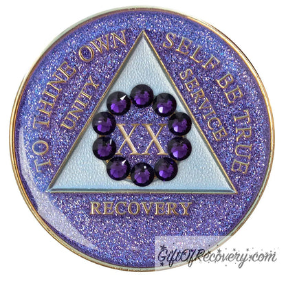 Sobriety Chip AA Unity Glitter Purple Crystallized 20