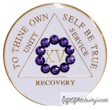 Load image into Gallery viewer, Sobriety Chip AA Unity Purple Velvet Crystallized Bling White Triplate 15 Years
