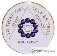 Load image into Gallery viewer, Sobriety Chip AA Unity Purple Velvet Crystallized Bling White Triplate 20 Years
