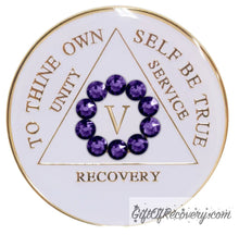 Load image into Gallery viewer, Sobriety Chip AA Unity Purple Velvet Crystallized Bling White Triplate 5 Years
