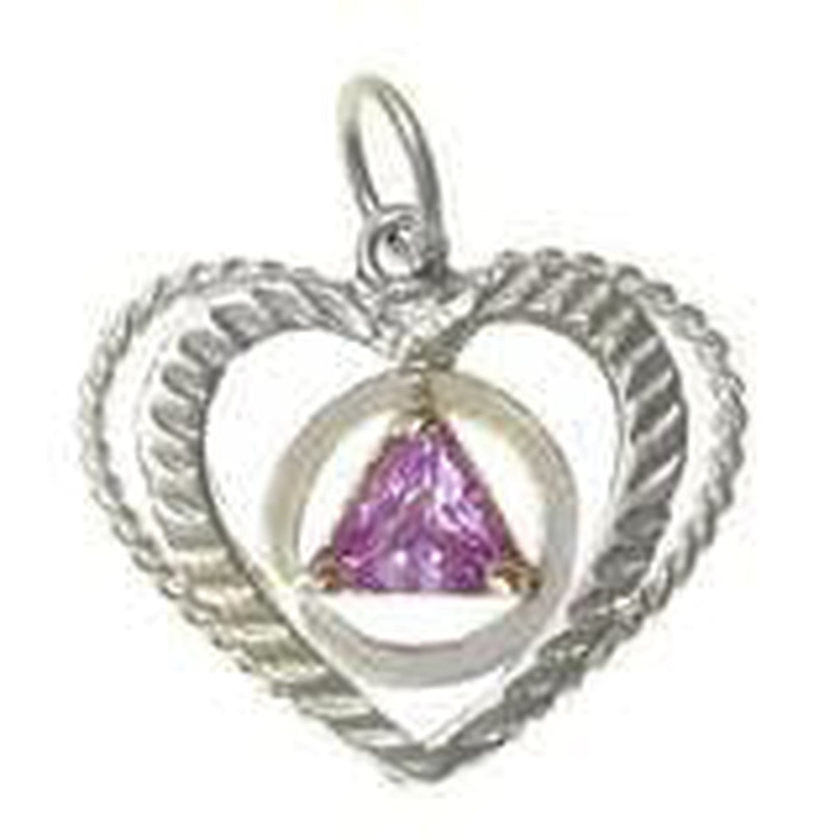 Sterling Silver, AA Symbol Set In A Open Heart, Available In 3 Different 5Mm Cubic Zirconia Triangle Stones Dark Purple