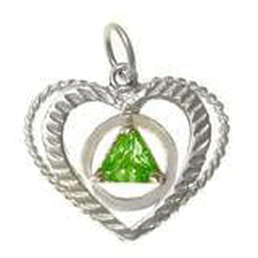 Sterling Silver, AA Symbol Set In A Open Heart, Available In 3 Different 5Mm Cubic Zirconia Triangle Stones Green