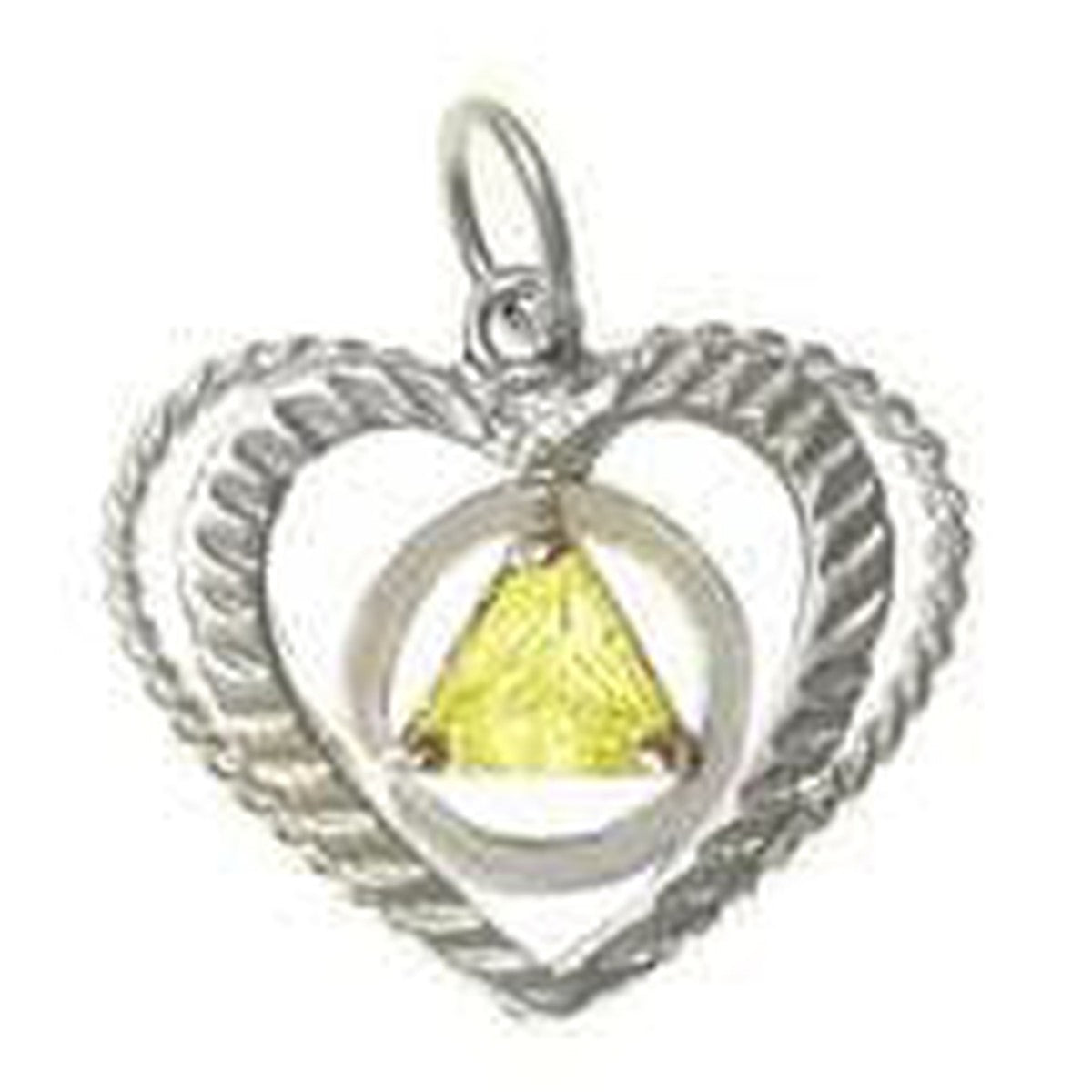 Sterling Silver, AA Symbol Set In A Open Heart, Available In 3 Different 5Mm Cubic Zirconia Triangle Stones Yellow
