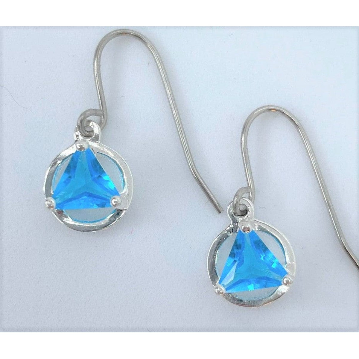 Sterling Silver, Alcoholics Anonymous Symbol Earrings, Available In 3 Different 5Mm Triangle Colored Cz Stones Blue