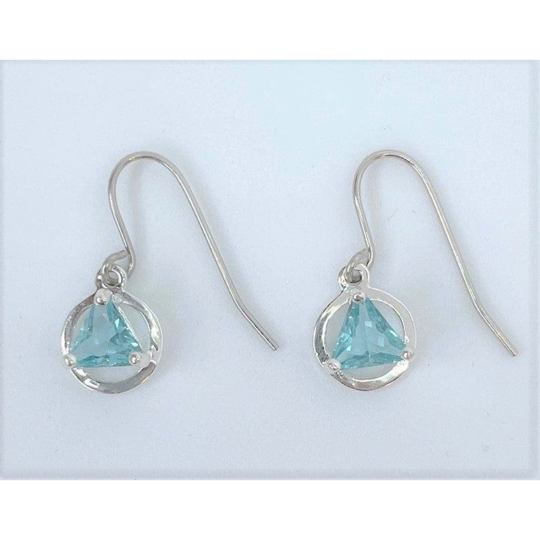 Sterling Silver, Alcoholics Anonymous Symbol Earrings, Available In 3 Different 5Mm Triangle Colored Cz Stones Light Blue