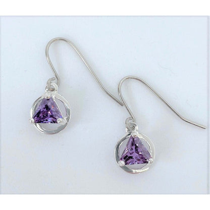 Sterling Silver, Alcoholics Anonymous Symbol Earrings, Available In 3 Different 5Mm Triangle Colored Cz Stones Purple