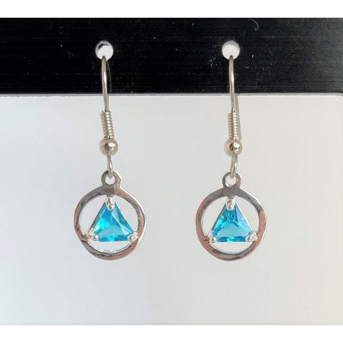 Sterling Silver, Alcoholics Anonymous Symbol Earrings, Available In 3 Different 6Mm Triangle Colored Cz Stones Blue