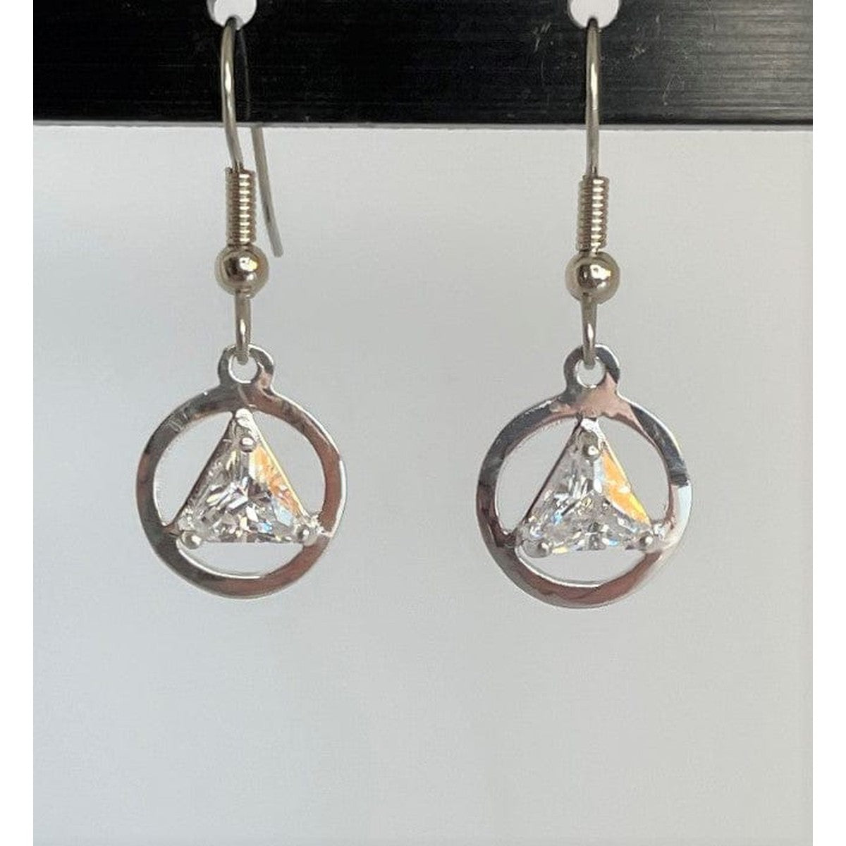 Sterling Silver, Alcoholics Anonymous Symbol Earrings, Available In 3 Different 6Mm Triangle Colored Cz Stones Clear