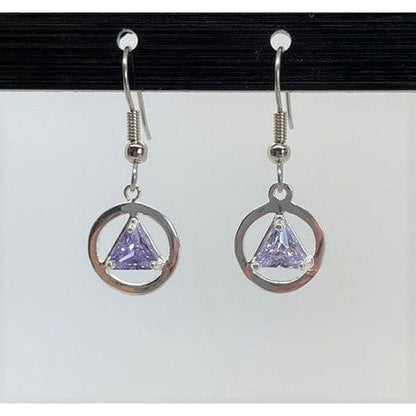 Sterling Silver, Alcoholics Anonymous Symbol Earrings, Available In 3 Different 6Mm Triangle Colored Cz Stones Light Purple