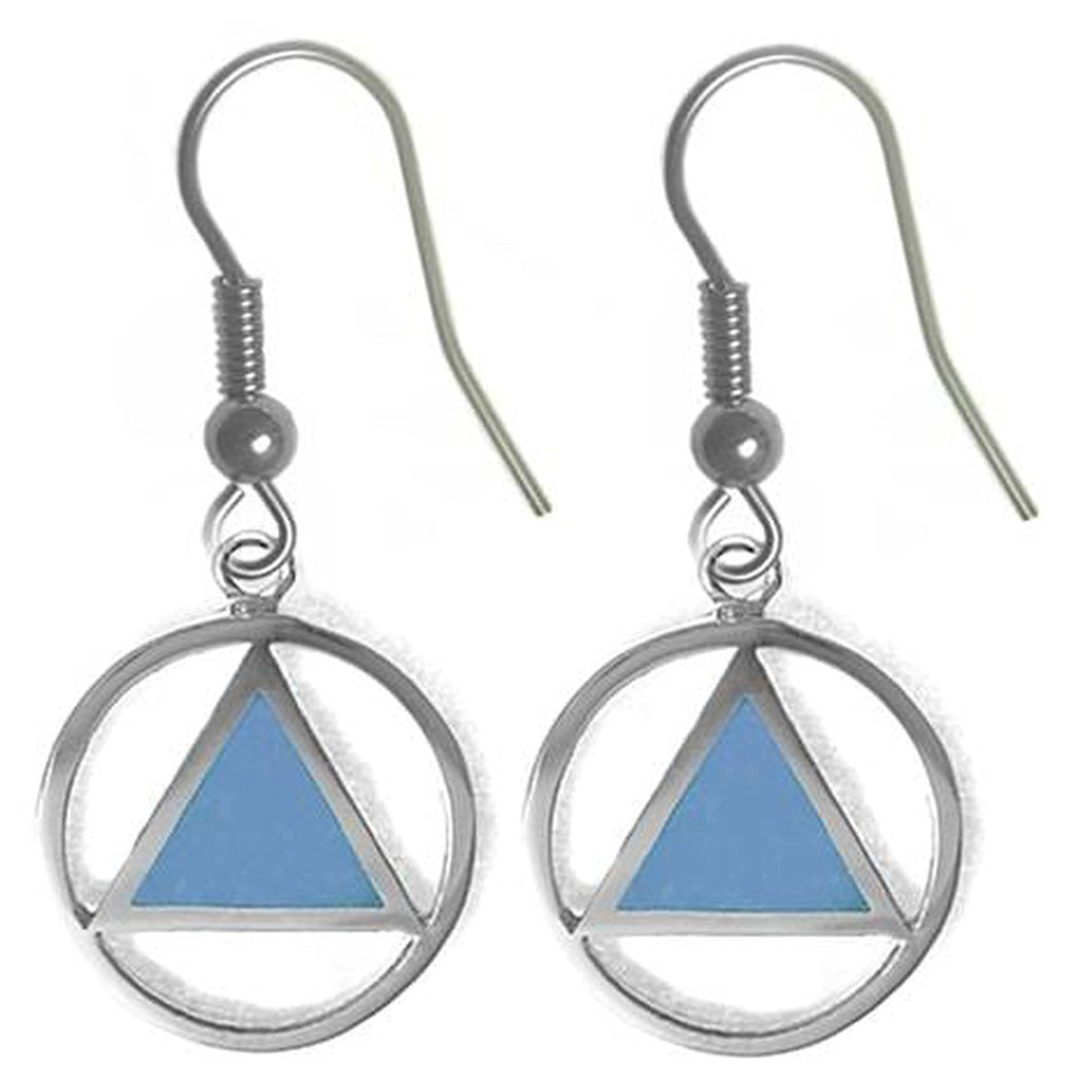 Sterling Silver, Alcoholics Anonymous Symbol Earrings With Turquoise Blue Enamel Inlay