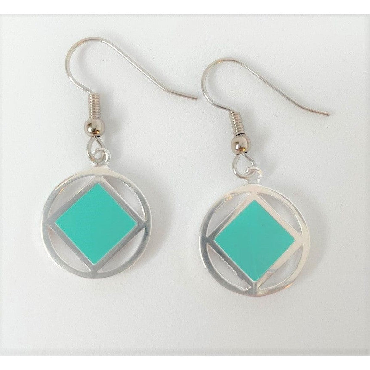 Sterling Silver Earrings, Narcotics Anonymous Symbol Square With Turquoise Inlay Inside A Circle