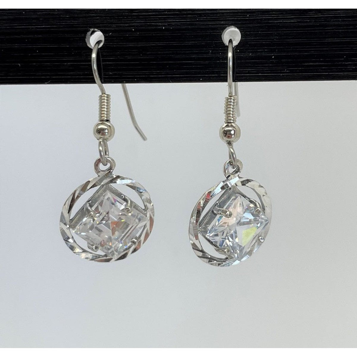 Sterling Silver, NA Symbol Earrings With 4 Different 8Mm Square Colored Cz Stones Clear