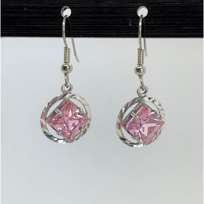 Sterling Silver, NA Symbol Earrings With 4 Different 8Mm Square Colored Cz Stones Pink