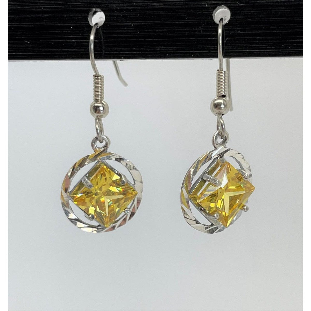 Sterling Silver, NA Symbol Earrings With 4 Different 8Mm Square Colored Cz Stones Yellow