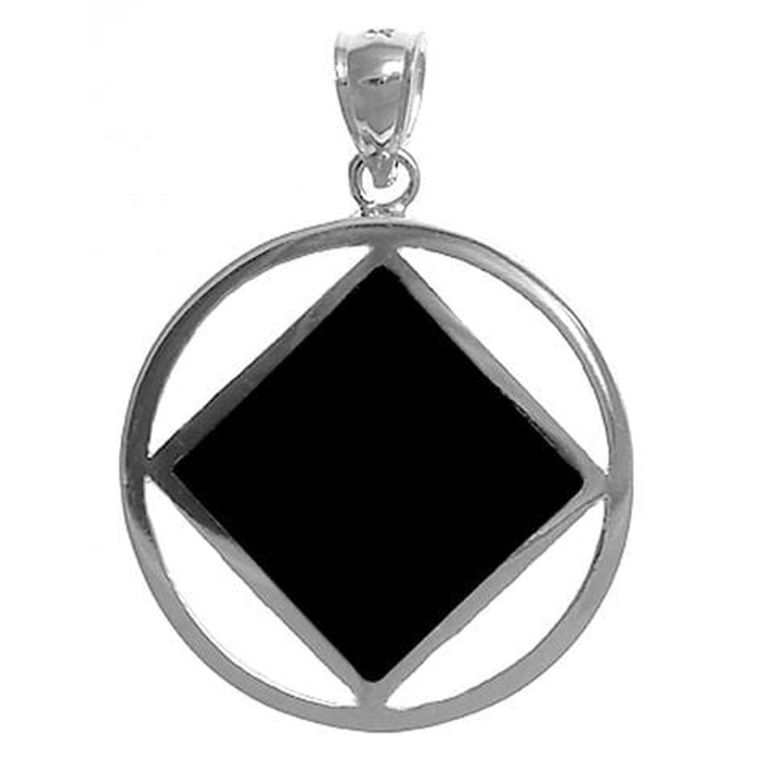 Sterling Silver Pendant, Narcotics Anonymous Symbol Square With Black Enamel Inlay, Large Size